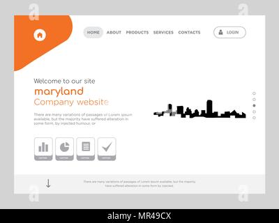 Quality One Page maryland Website Template Vector Eps, Modern Web Design with flat UI elements and landscape illustration, ideal for landing page Stock Vector