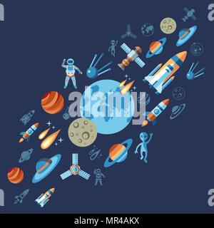 Digital vector line icons set space and rockets illustration with elements for astronomy Stock Vector