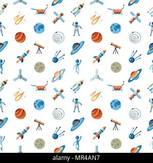 Digital vector line icons set space and rockets illustration with elements for astronomy, seamless pattern Stock Vector