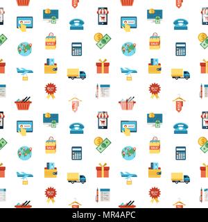 Digital vector line icons set mobile shopping and store illustration with elements for online electronic commerce, seamless pattern Stock Vector
