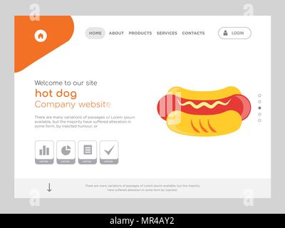 Quality One Page hot dog Website Template Vector Eps, Modern Web Design with flat UI elements and landscape illustration, ideal for landing page Stock Vector
