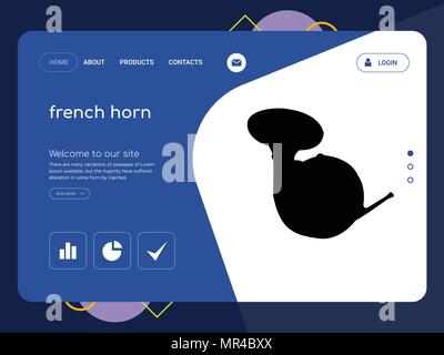 Quality One Page french horn Website Template Vector Eps, Modern Web Design with flat UI elements and landscape illustration, ideal for landing page Stock Vector