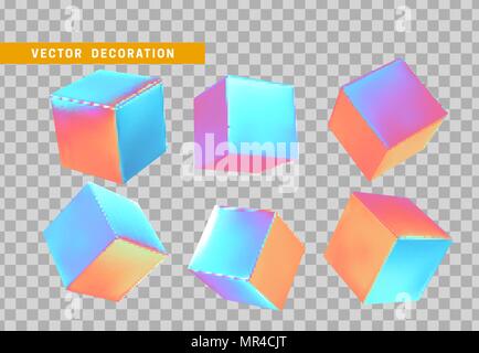 Set of holographic 3D glass cubes isolated on transparent background ...