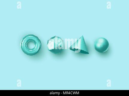 Set of 3d realistic elements isolated on colored background. Spheres, torus, cones and other geometric shapes. Blue colors for trendy designs. Stock Vector