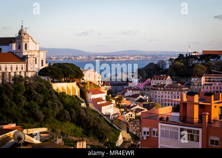 An evening view of the city looking towards the river in Lisbon, Portugal. Stock Photo