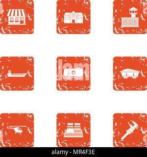 Industrial complex icons set, grunge style Stock Vector