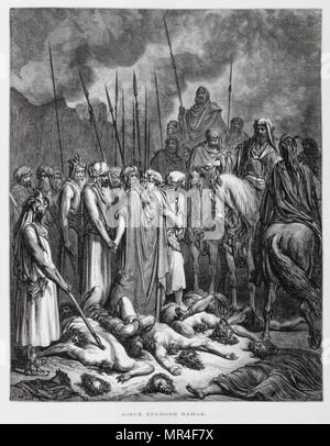 King Ahab is slain in battle by enemy archer. third book of Kings 22:34, Volume 1, Illustration from the Dore Bible 1866. In 1866, the French artist and illustrator Gustave Dore (1832–1883), published a series of 241 wood engravings for a new deluxe edition of the 1843 French translation of the Vulgate Bible, popularly known as the Bible de Tours. This new edition was known as La Grande Bible de Tours and its illustrations were immensely successful Stock Photo