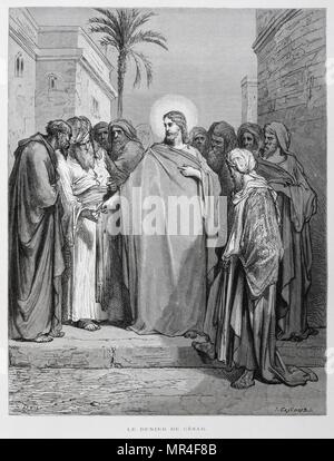 Matthew 22:15-22, Jesus Disputes with Pharisees about Tribute Money, Illustration from the Dore Bible 1866. In 1866, the French artist and illustrator Gustave Dore (1832–1883), published a series of 241 wood engravings for a new deluxe edition of the 1843 French translation of the Vulgate Bible, popularly known as the Bible de Tours. This new edition was known as La Grande Bible de Tours and its illustrations were immensely successful Stock Photo