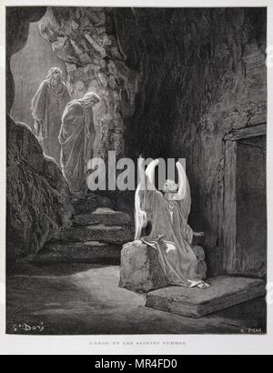 The angel at the grave of Jesus, Illustration from the Dore Bible 1866. In 1866, the French artist and illustrator Gustave Dore (1832–1883), published a series of 241 wood engravings for a new deluxe edition of the 1843 French translation of the Vulgate Bible, popularly known as the Bible de Tours. This new edition was known as La Grande Bible de Tours and its illustrations were immensely successful. Stock Photo