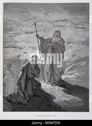 Samuel anoints Saul as first King of Israel, Illustration from the Dore Bible 1866. In 1866, the French artist and illustrator Gustave Dore (1832–1883), published a series of 241 wood engravings for a new deluxe edition of the 1843 French translation of the Vulgate Bible, popularly known as the Bible de Tours. This new edition was known as La Grande Bible de Tours and its illustrations were immensely successful. Stock Photo