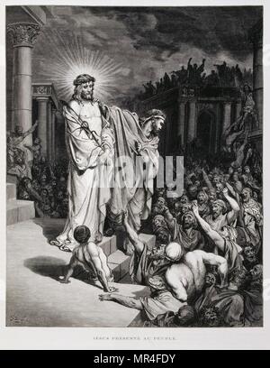Jesus presented to the people during his trial, Illustration from the Dore Bible 1866. In 1866, the French artist and illustrator Gustave Dore (1832–1883), published a series of 241 wood engravings for a new deluxe edition of the 1843 French translation of the Vulgate Bible, popularly known as the Bible de Tours. This new edition was known as La Grande Bible de Tours and its illustrations were immensely successful. Stock Photo