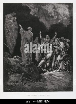 Saul and the Witch of Endor, Illustration from the Dore Bible 1866. In 1866, the French artist and illustrator Gustave Dore (1832–1883), published a series of 241 wood engravings for a new deluxe edition of the 1843 French translation of the Vulgate Bible, popularly known as the Bible de Tours. This new edition was known as La Grande Bible de Tours and its illustrations were immensely successful. Stock Photo