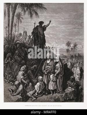 John The Baptist preaching, Illustration from the Dore Bible 1866. In 1866, the French artist and illustrator Gustave Dore (1832–1883), published a series of 241 wood engravings for a new deluxe edition of the 1843 French translation of the Vulgate Bible, popularly known as the Bible de Tours. This new edition was known as La Grande Bible de Tours and its illustrations were immensely successful. Stock Photo