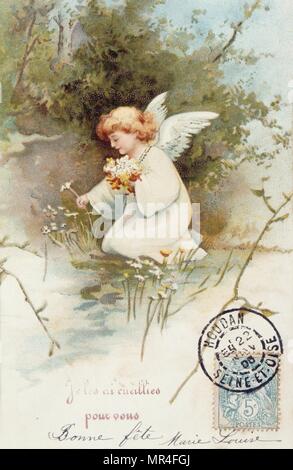 French postcard with images of an angel with flowers 1900 Stock Photo