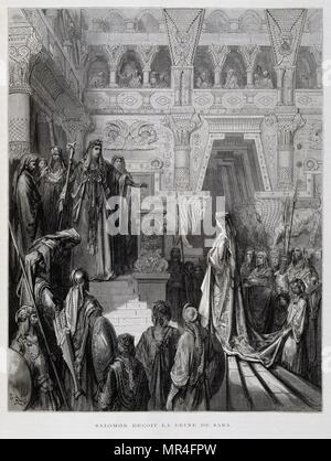 King Solomon receives the queen of Sheba, Illustration from the Dore Bible 1866. In 1866, the French artist and illustrator Gustave Doré (1832–1883), published a series of 241 wood engravings for a new deluxe edition of the 1843 French translation of the Vulgate Bible, popularly known as the Bible de Tours. This new edition was known as La Grande Bible de Tours and its illustrations were immensely successful. Stock Photo