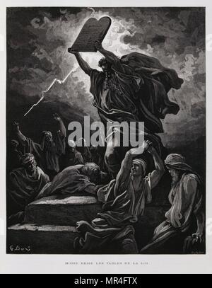 Moses breaks the tablets of law containing the ten commandments after his descent from Mount Sinai, Illustration from the Dore Bible 1866. In 1866, the French artist and illustrator Gustave Doré (1832–1883), published a series of 241 wood engravings for a new deluxe edition of the 1843 French translation of the Vulgate Bible, popularly known as the Bible de Tours. This new edition was known as La Grande Bible de Tours and its illustrations were immensely successful. Stock Photo