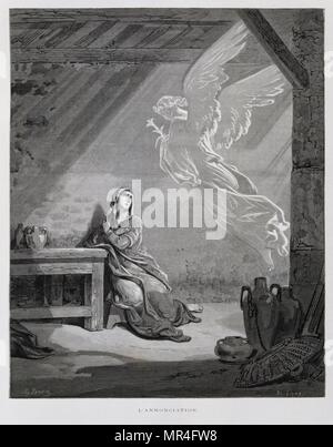 The Annunciation, Illustration from the Dore Bible 1866. In 1866, the French artist and illustrator Gustave Doré (1832–1883), published a series of 241 wood engravings for a new deluxe edition of the 1843 French translation of the Vulgate Bible, popularly known as the Bible de Tours. This new edition was known as La Grande Bible de Tours and its illustrations were immensely successful. The Annunciation is the Christian celebration of the announcement by the angel Gabriel, to the Virgin Mary, that she would conceive and become the mother of Jesus. Stock Photo