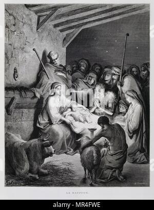 The nativity, Birth of Christ in the manger, Illustration from the Dore Bible 1866. In 1866, the French artist and illustrator Gustave Doré (1832–1883), published a series of 241 wood engravings for a new deluxe edition of the 1843 French translation of the Vulgate Bible, popularly known as the Bible de Tours. This new edition was known as La Grande Bible de Tours and its illustrations were immensely successful. Stock Photo