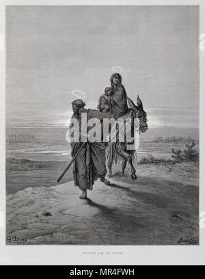 Joseph Mary and Jesus on the flight to Egypt, Illustration from the Dore Bible 1866. In 1866, the French artist and illustrator Gustave Doré (1832–1883), published a series of 241 wood engravings for a new deluxe edition of the 1843 French translation of the Vulgate Bible, popularly known as the Bible de Tours. This new edition was known as La Grande Bible de Tours and its illustrations were immensely successful. Stock Photo