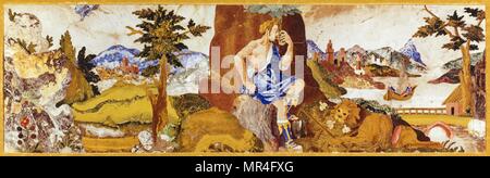 King David in the Desert with Lions. 17th century amber and Lapis Lazuli mosaic (Italian), at the Opificio delle pietre dure, (Workshop of semi-precious stones) Museum, in Florence. Stock Photo