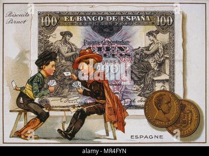 French postcard of 1900 depicting two medieval card players against a 100 Pesetas banknote Stock Photo