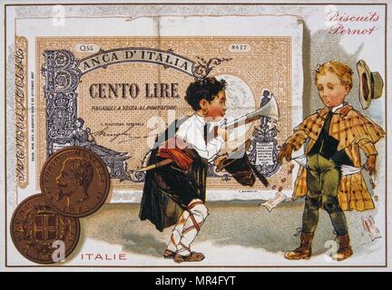 French postcard of 1900 depicting two traditionally dressed Italian boys against a 100 Lira banknote Stock Photo