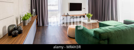 Living room interior with a green corner sofa, cabinet with plants and glass decorations, pouf, coffee table and tv Stock Photo