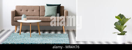 White open space living room interior with green plant, couch and coffee table standing on a carpet Stock Photo