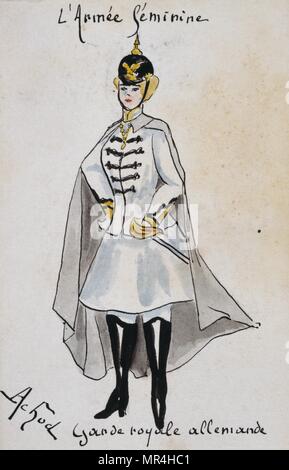French art nouveau postcard satirising women in military uniform 1900: German Imperial dragoon Stock Photo