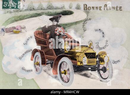 French new year postcard depicting a woman driving a vintage car 1908 Stock Photo