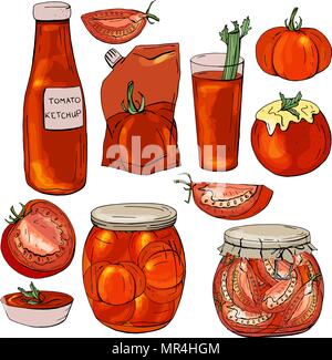 A red bottle of tomato ketchup with tomatoes on the labels and a bowl ...