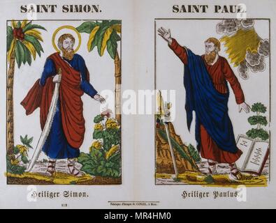 French 19th century, coloured woodblock illustration showing Saint Simon and Saint Paul. Stock Photo