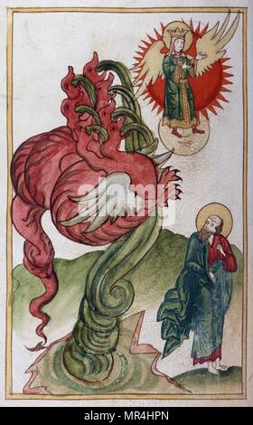 Russian Orthodox miniature depicting St John and the seven headed beast. From the Apocalypse of Saint John. Circa 1750 Stock Photo