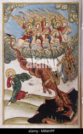 Russian Orthodox miniature depicting St John, the five horsemen and the dragon. From the Apocalypse of Saint John. Circa 1750 Stock Photo