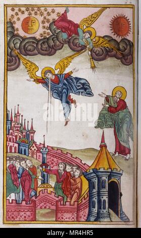 Russian Orthodox miniature depicting a scene from the Apocalypse of Saint John. Circa 1750 Stock Photo