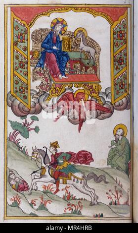 Russian Orthodox miniature depicting a scene from the Apocalypse of Saint John. Circa 1750 Stock Photo