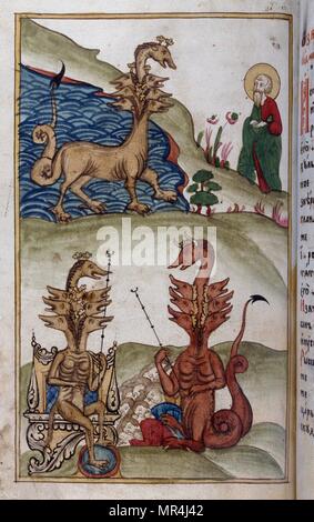 Russian, Slavonic, Orthodox miniature depicting beasts of the Apocalypse. From the Apocalypse of Saint John. Circa 1750 Stock Photo