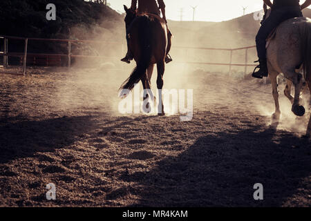 two horses run and ride in the backlight making dust on the ground. sunny day and wind mill on the background for emotional pictures. countryside plac Stock Photo