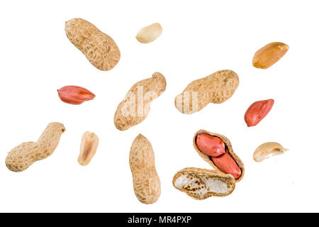 Whole and open peanut nuts isolated on a white background simple pattern Stock Photo