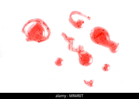 Drops of strawberry jam sauce, different shape and size, isolated on white background isolated Stock Photo