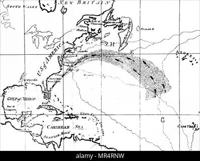 Map depicting a section of the Atlantic Ocean showing the Gulf Stream. The Gulf Stream, together with its northern extension the North Atlantic Drift, is a warm and swift Atlantic ocean current that originates in the Gulf of Mexico and stretches to the tip of Florida, and follows the eastern coastlines of the United States and Newfoundland before crossing the Atlantic Ocean. Dated 18th century Stock Photo