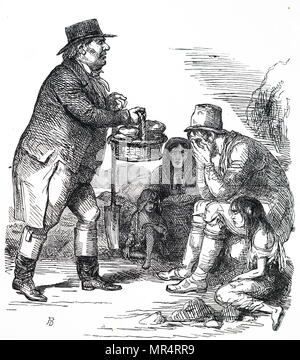 Cartoon commenting on the Irish Potato Famine. England, epitomised by John Bull, taking bread to the starving Irish peasants. The potatoes on which the Irish country people depended, had been destroyed by potato blight (Phytophora Infestans), a fungal infection spread by aphids. The infection remained in the soil which meant the staple diet could not be grown. Dated 19th century