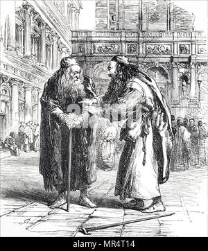 Engraving depicting a scene from William Shakespeare's The Merchant of Venice. Shylock (right) is seen learning from Tubal that Antonio is in financial difficulties, and that there is a chance that he can enforce his contract for repayment with 'a pound of flesh'. William Shakespeare (1564-1616) an English poet, playwright and actor. Dated 19th century Stock Photo