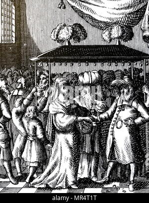 Engraving depicting a Jewish wedding. Common features of a Jewish wedding include a ketubah (marriage contract), a chuppah or huppah (wedding canopy), a ring owned by the groom that is given to the bride, and the breaking of glass. Dated 18th century Stock Photo