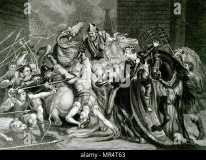 Engraving depicting William Walworth striking Wat Tyler as he speaks to Richard II at Smithfield. Tyler was taken to St Bartholomew's Hospital, but Walworth had him dragged out and beheaded. Sir William Walworth (d. 1385), was twice Lord Mayor of London, best known for killing Wat Tyler. Wat Tyler (1342-1381) leader of the 1381 Peasants' Revolt in England. Richard II of England (1367-1400) King of England. Dated 19th century Stock Photo