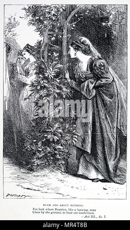 Engraving depicting a scene from Much Ado About Nothing by William Shakespeare. Beatrice, lured to the garden by Hero so that she can overhear a conversation between Hero and Ursula. William Shakespeare (1564-1616) an English poet, playwright, and actor. Dated 19th century Stock Photo