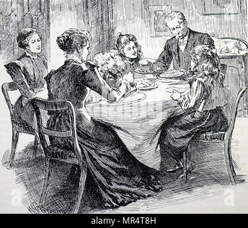 Engraving depicting a family enjoying afternoon tea. Dated 20th century Stock Photo