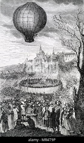 Engraving depicting François Laurent le Vieux d'Arlandes and Jean-François Pilâtre de Rozier in their Montgolfier balloon in which they made the first manned free balloon flight on 21 November 1783. François Laurent le Vieux d'Arlandes (1742-1809) was a French marquis, soldier and a pioneer of hot air ballooning. Jean-François Pilâtre de Rozier (1754-1785) was a French chemistry and physics teacher, and one of the first pioneers of aviation. Dated 18th century Stock Photo