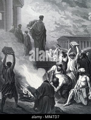 Engraving depicting the Book burning at Ephesus, an incident recorded in the Book of Acts in which Christian converts at Ephesus, influenced by Saint Paul, burned their books of magic. Dated 17th century Stock Photo