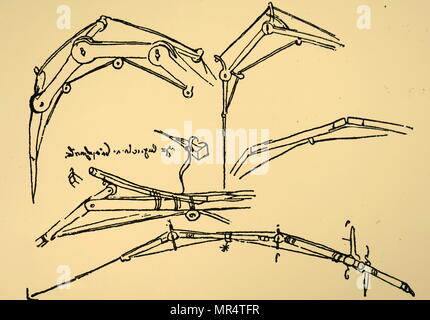 Sketch depicting jointed wings by Leonardo da Vinci. Leonardo da Vinci (1452-1519) an Italian Renaissance polymath whose areas of interest included invention, painting, sculpting, architecture, science, music, mathematics, engineering, literature, anatomy, geology, astronomy, botany, writing, history, and cartography. Dated 16th century Stock Photo